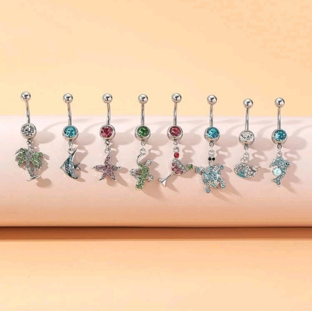 8 Pieces Belly/ Navel Rings Dolphin,  Turtle,  Martini & More SALE